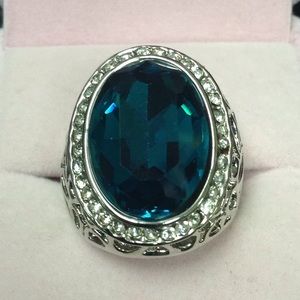 Aqua stone & zirconia silver ring Sz8